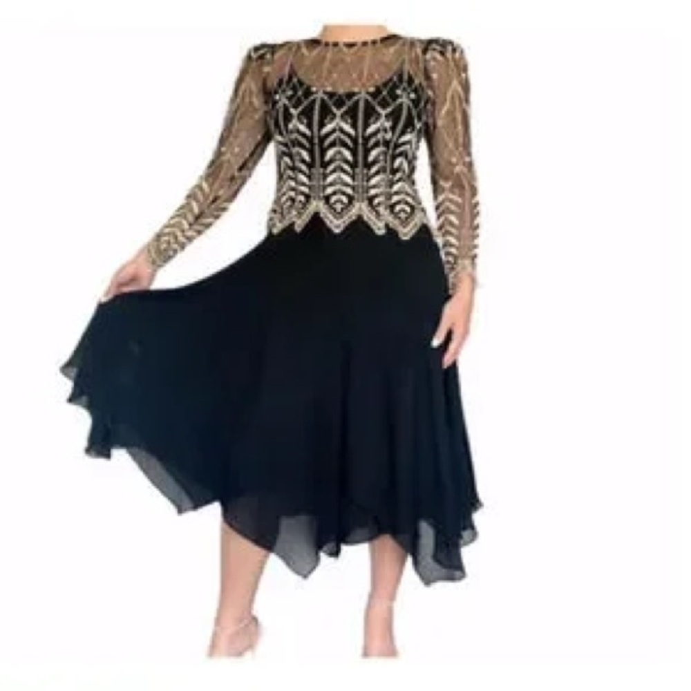 Vintage Cachet by Bari Protas Navy Dress with  Silver and Navy Lace Overlay